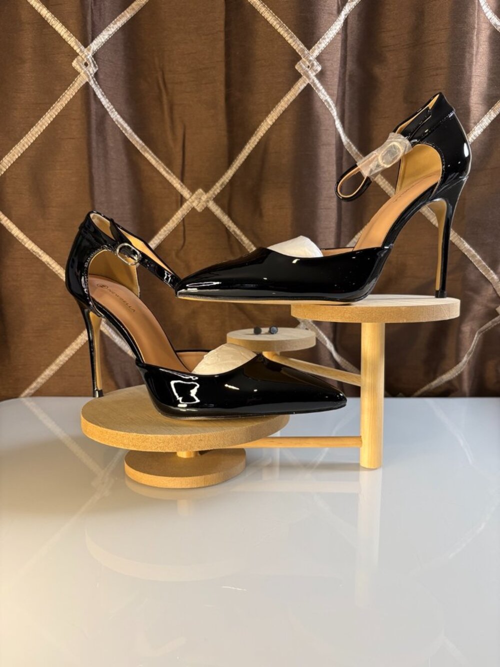 NEWBELLA Black Patent Pointed Toe Stiletto Ankle Strap Heels Size 8